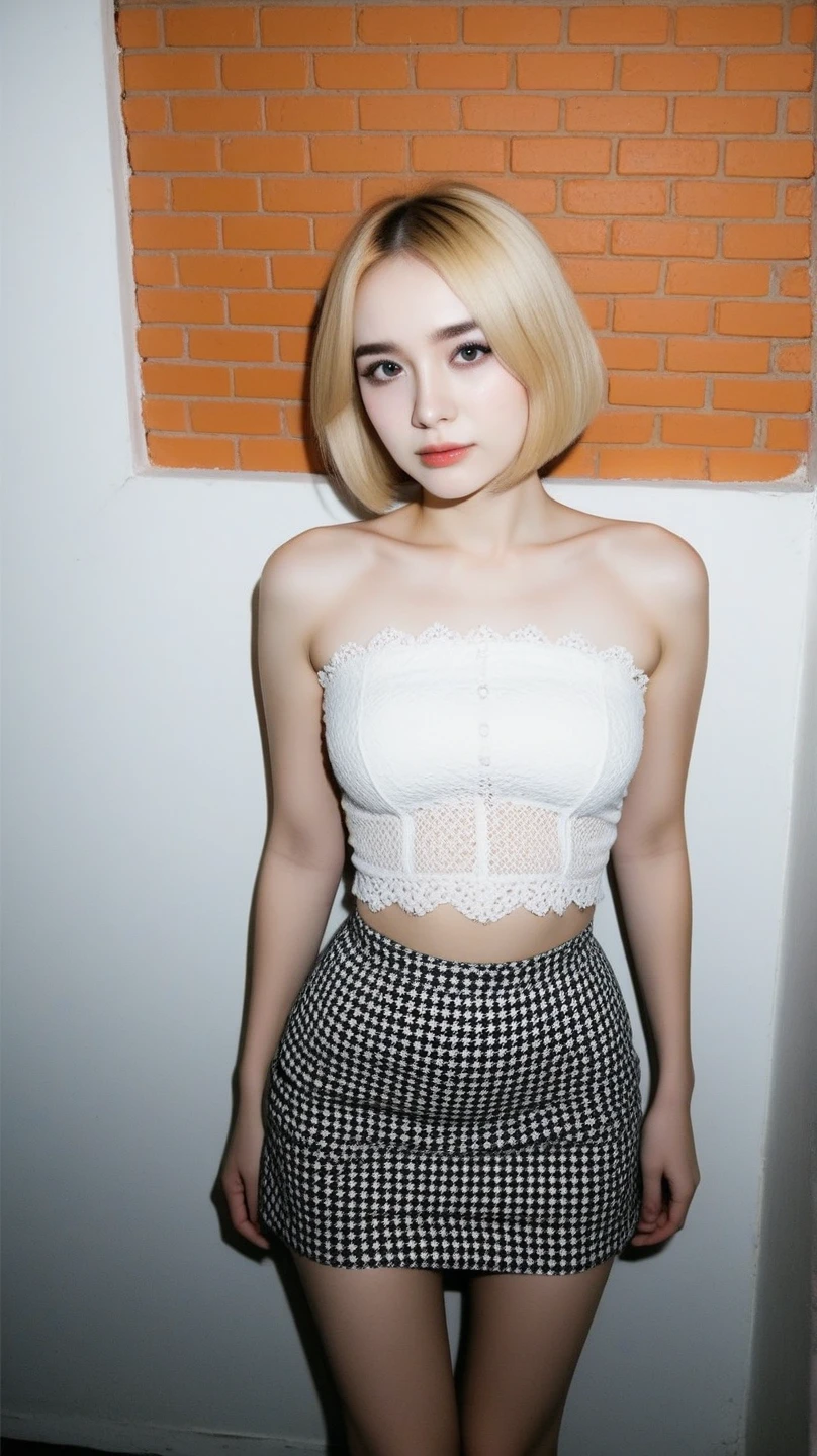 (8K, RAW Photos:1.2),Detailed face and eyes,最high quality, Ultra-high resolution, Very detailed ,Intricate details ,Tabletop ,pretty girl , Soft cinematic light, Hyper Detail,Sharp focus, high quality,Blonde, Bobcut, mini skirt, Lace panties are visible, From below, Browsing Caution, Butt