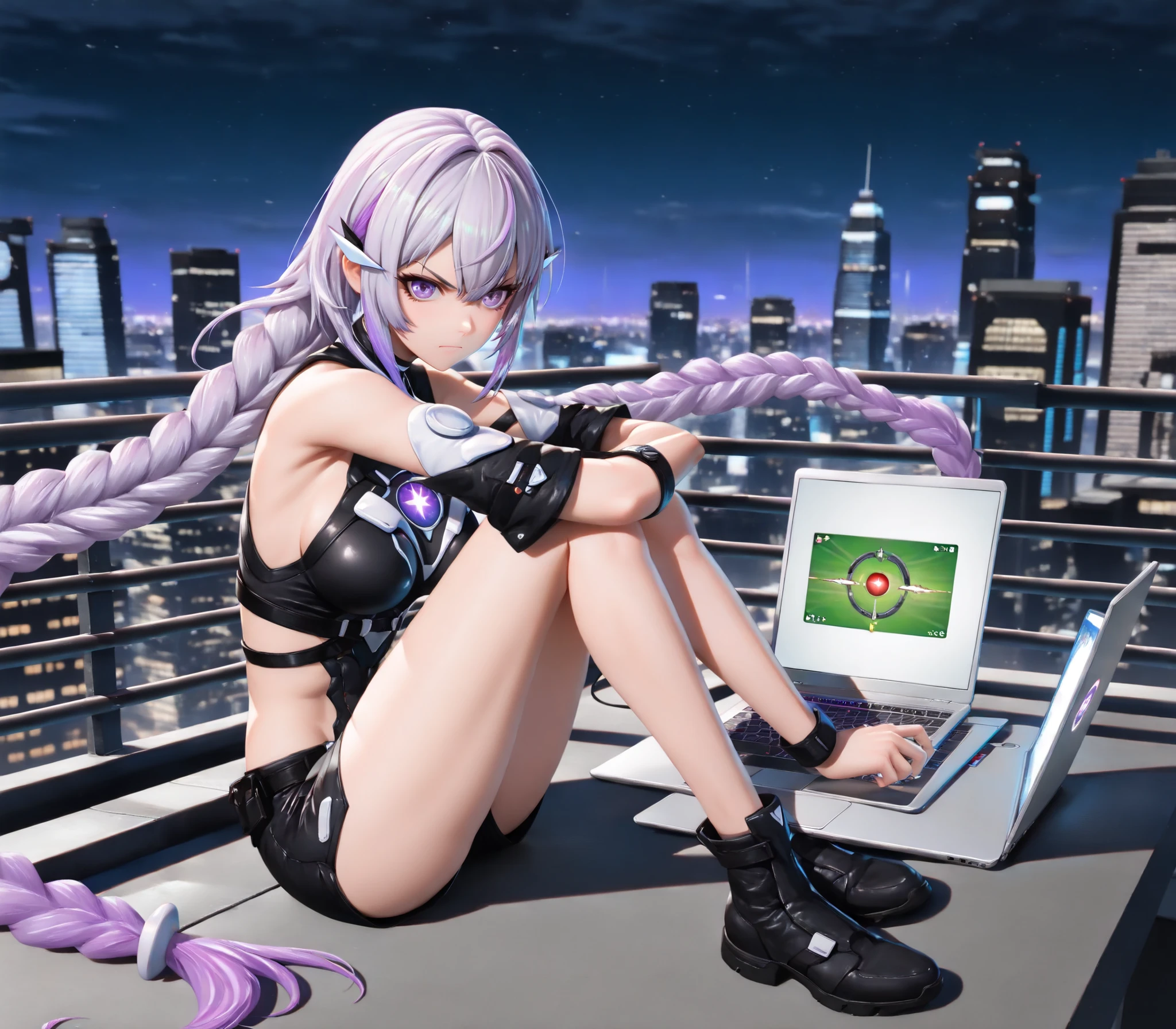 (masterpiece, super quality, realistic, 8K, Ultra-fine detail, cinematic composition:1.2), skyscraper rooftop, Night view of a skyscraper spreading out in the distance, (((young female gamers sitting on a roof railing in place of chairs:1.3))), (((sitting with her legs closed:1.3))),(((Gamer's whole body visible:1.3))),Hair swaying in the wind、(((Serious gameplay on a laptop on the lap:1.5))), Realistic 3D fighting game on the laptop screen, Golem and「characters that look like female gamers」Battle, Female gamers are kind, Female fingertips type quickly on a glowing keyboard, Countless building lights in the background, Stylish and futuristic atmosphere, Tension and exhilaration coexist 2.5-dimensional anime depiction