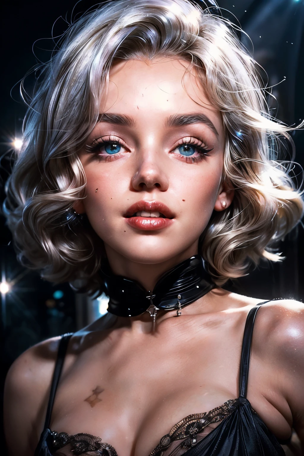 8k, High-level, absurd, masterpiece, best quality, primitive, very detailed CG, very detailed wallpaper, perfect lighting, Extremely detailed (((The personifying "Marilyn Monroe" as a TinyGirl))), MysticSight, Tyndall effect, Tyndall scattering, (Studio gray background with (many Dazzling RainbowColor particles BokeH)), (RoundlyButts, ThighGap), (Assfocus with looking ahead), BREAK (NOGIZAKA face variations) Extremely Detailed very KAWAII face variations, perfect anatomy, Childish, captivating gaze, elaborate detailed Eyes with (sparkling highlights:1.28), long eyelashes、Glossy RED Lips with beautiful details, Coquettish tongue, Rosy cheeks, Radiant PearlSkin with clear transparency . { (Dynamic LifeLike expressions:1.4) | :d) }, (large eyes:-1) .