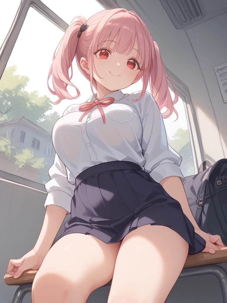 (masterpiece:1.3, top-quality, ultra high res, ultra detailed), (cleavage:1.4),(realistic, photorealistic:1.4), beautiful illustration, perfect lighting, natural lighting, colorful, depth of fields, surrealism, (embarrassed,blush:1.3),
beautiful detailed hair, beautiful detailed face, beautiful detailed eyes, beautiful clavicle, beautiful body, beautiful chest, beautiful thigh, beautiful legs, beautiful fingers, shiny skin,
looking at viewer, 1 girl, japanese, high school girl, (perfect anatomy, anatomically correct, super detailed skin), cute and symmetrical face, babyface, perfect face, perfect eyes,
(middle hair, two side up, pink hair), crossed bangs, purple eyes, drooping eyes, big eyes, long eyelashes, (large breasts, seductive thighs, skindentation), slender, outstanding style,
((detailed cloth texture, white collared shirt, blue pleated skirt, dark red neck ribbon), black thigh-highs, loafer),
(beautiful scenery), late afternoon,hands on chest, (lovely smile, upper eyes, open mouth small),