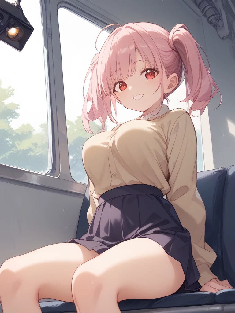 NSFW,Amica、ponytail、Hair Ribbon、clavicle、Off-the-shoulder sweater,Micro Mini Skirt,Heel,(Perfect hands),(Perfect Anatomy),(masterpiece),(Highest quality),Embarrassed,blush,(train:1.5),Molester