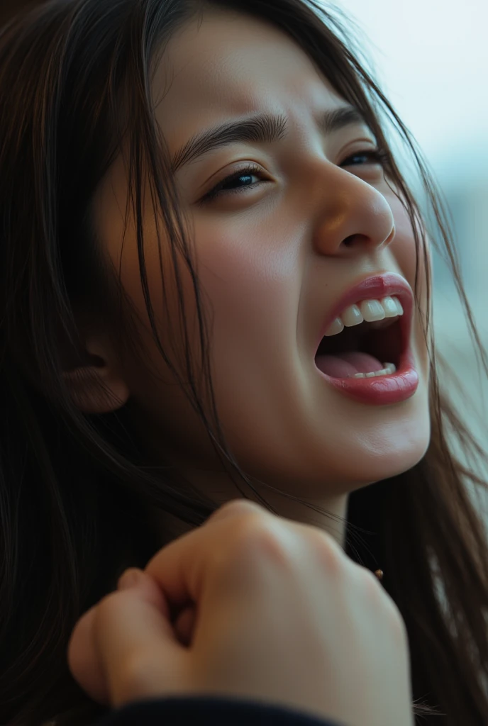 1 girl,pieces fly,,award winning photos, very detailed, edge orgasm,face focus, (woman with open mouth and closed eyes ), 30 years old、black hair、shiny skin、close up of face,from below、realistic nostrils、elongated nasal passages,,、train、(train車内)、congestion、Are standing、((suit))、big breasts、(sharp nose)grimacing Performance:1.4, concept,teeth,Performance,facial Performances,grimacing,raise your head、Skin shiny with sweat,cowboy shot,
