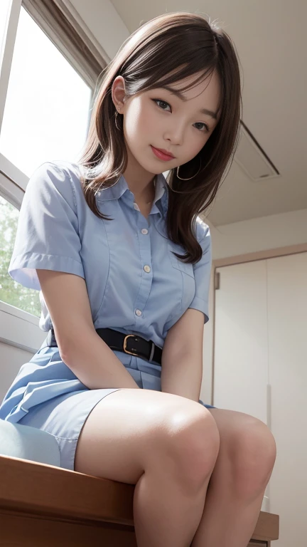 ulzzang -6500-v1.1, (Raw photo:1.2), (Photorealsitic:1.6), extremely detailed eye and face, Beautiful and big eyes, of the highest quality, [​masterpiece:1.6], Illuminated, (1 girl in)、17 age、Cute Japan high school girl、perfect body type、[huge-breasted、heavy breasts、Ｉcups:1.9]、Sweat all over the body、(Wrap the uniform ribbon around your neck)、(Unbuttoned blouse、No jacket、no pant、JK school uniform、no  skirt:1.8)、(all-fours、Place your hands and knees on the floor、All For Attitude、Angle of shooting from the front at an angle、girl with１a person:1.9)、[bob cut  hair、sexual excitement、Lustful、Flushed face、no-makeup:1.6]、[red blush、Kamimei、Look at the camera:1.3]