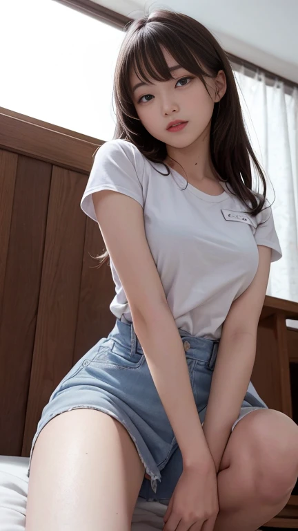 (denim skirt women:1.4))、((is standing:1.2))、cute smile face:1.1、((top-quality,8K、​masterpiece:1.3))、Crisp focus:1.2、Oiled shiny skin、Professional Writing、(((Spread your legs apart)))、(((Close up of white panties)))、((Leg up:1.1))、((From below:1.4))