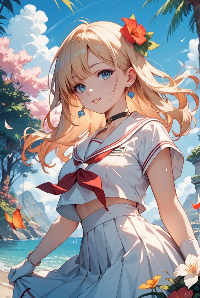 Highest quality, 32K, High resolution, masterpiece:1.5, A cute Japanese, Cute anime-style illustration, Rich emotional expression, An exceptionally beautiful face, , Perfect Human Anatomy, Big light blue eyes, Motherhood and generosity, Deep Love, Wake up, Expressing emotions, Have a rich imagination, Cute Japan, Perfect Human Anatomy, Magical big eyes, Motherhood and generosity, Deep Love, ((A mischievous smile:1.6)), Shiny Blonde, Super long straight silk hair swaying in the wind, Asymmetrical bangs, Hair between the eyes, Transparent, soft white skin, Sharp eyebrows, Thin lashes, Natural Makeup, Cheek highlighter, Detailed and cute lips, (Short-sleeved sailor uniform:1.3), ((Navy blue pleated skirt:1.1)), Slim figure with ample breasts, Beautifully detailed skies, ((Vibrant petal effect:1.2)), mysterious