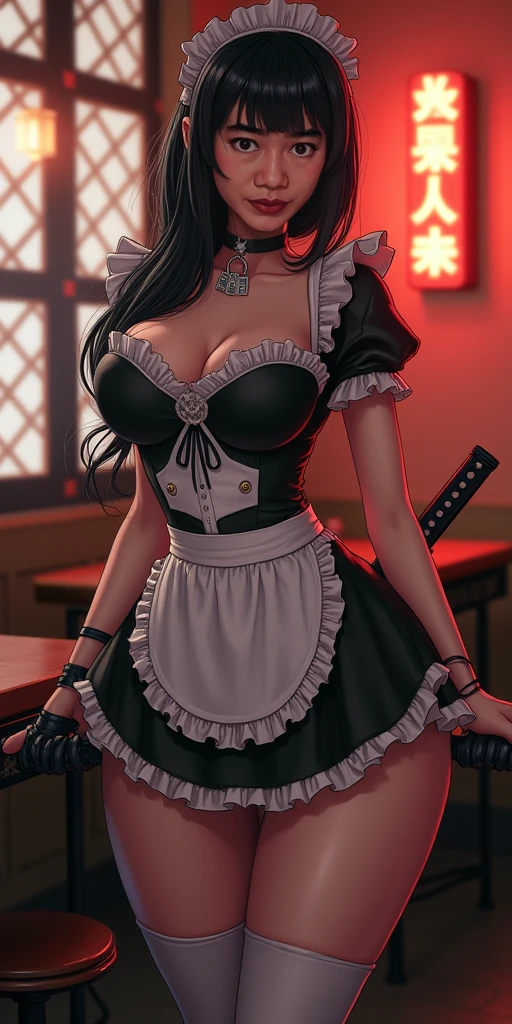 Score_9, score_8_up, score_7_up, seductive expression, woman, long straight pigtails black hair, eyepatch, holding katana, red eyes, toned, abs, big breasts, maid outfit, revealing clothes, cleavage, (reiq:0.5), (doxy:0.5)