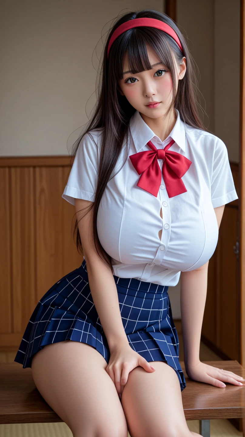 (Ultra realistic, high res), (1young girl), (extremely detailed beautiful face), Amazing face and eyes, (Best Quality:1.4), (Ultra-detailed), (extremely detailed CG unified 8k wallpaper), Highly detailed, High-definition raw color photos, Professional Photography, Realistic portrait, Amazing face and eyes, Pink eyes, (High School Uniform, Pleated mini-skirt:1.3), (Beautiful big breasts:1.3), (High school uniform with wide open breasts:1.2), Mini skirt, Brown hair, Model, depth of fields, School, classroom, (crawl on all fours:1.1), (no panties:1.3), (((Bokeh))), depth of fields, (View from below:1.1),