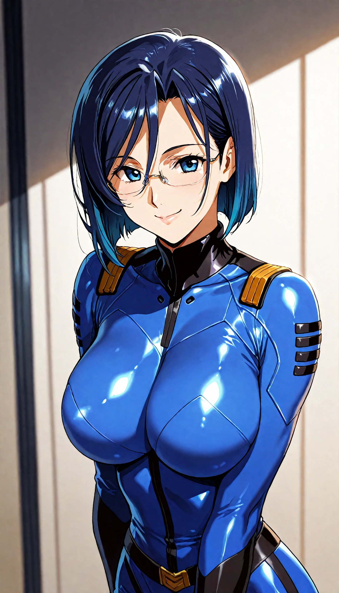 nsfw, Ami Mizuno, short hair, bleu hair, blue eyes, smile,  
blue bodysuit, 13
standing, upper body, solo girl,
underground vault, clean, fallout 4,  
(insanely detailed, beautiful detailed face, masterpiece, best quality),  
