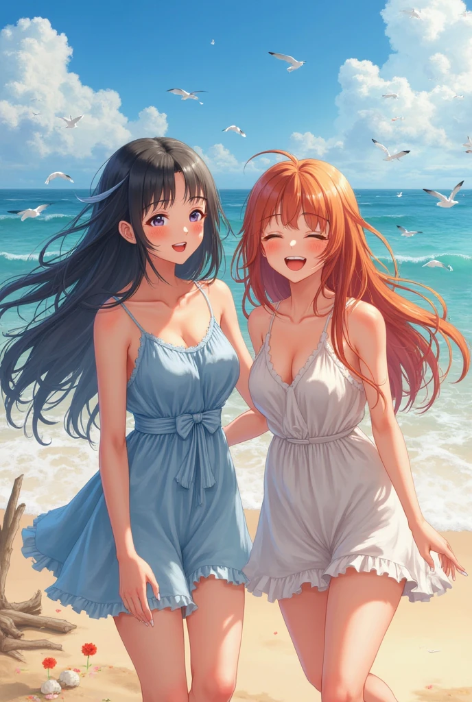two women on the beach which has clear blue water, bright shining skies. . The first woman has long black hair and red eyes and wears a light red beach dress, while the second woman has short blonde hair and blue eyes and wears a light blue beach dress.they were both playing in the water and smiling brightly