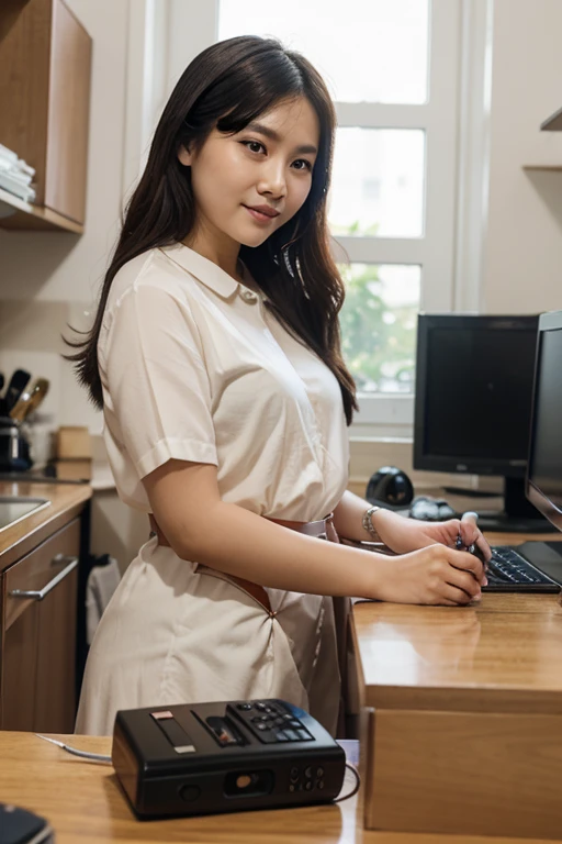 A woman stands in the kitchen,holding a laptop in his hand, Korean girl, Gorgeous young Korean woman, Good young girl, Short,ssmile,In the kitchen, 19-year-old girl, thicc, 21 years old, beautiful Korean women, Beautiful young Korean woman, Korean woman, 2 2 years old, young and cute girl, skinny waist and thick hips
