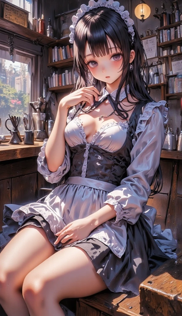 (masterpiece), Mature Woman,Maid clothes, Small breasts,Luxury lace underwear, Natural light, Realistic, Diffuse Light, Written boundary depth,, vapor, (Please lift your skirt), (urination), With a smile.Enamel stockings,Long nipples,Areola,Black see-through bra
