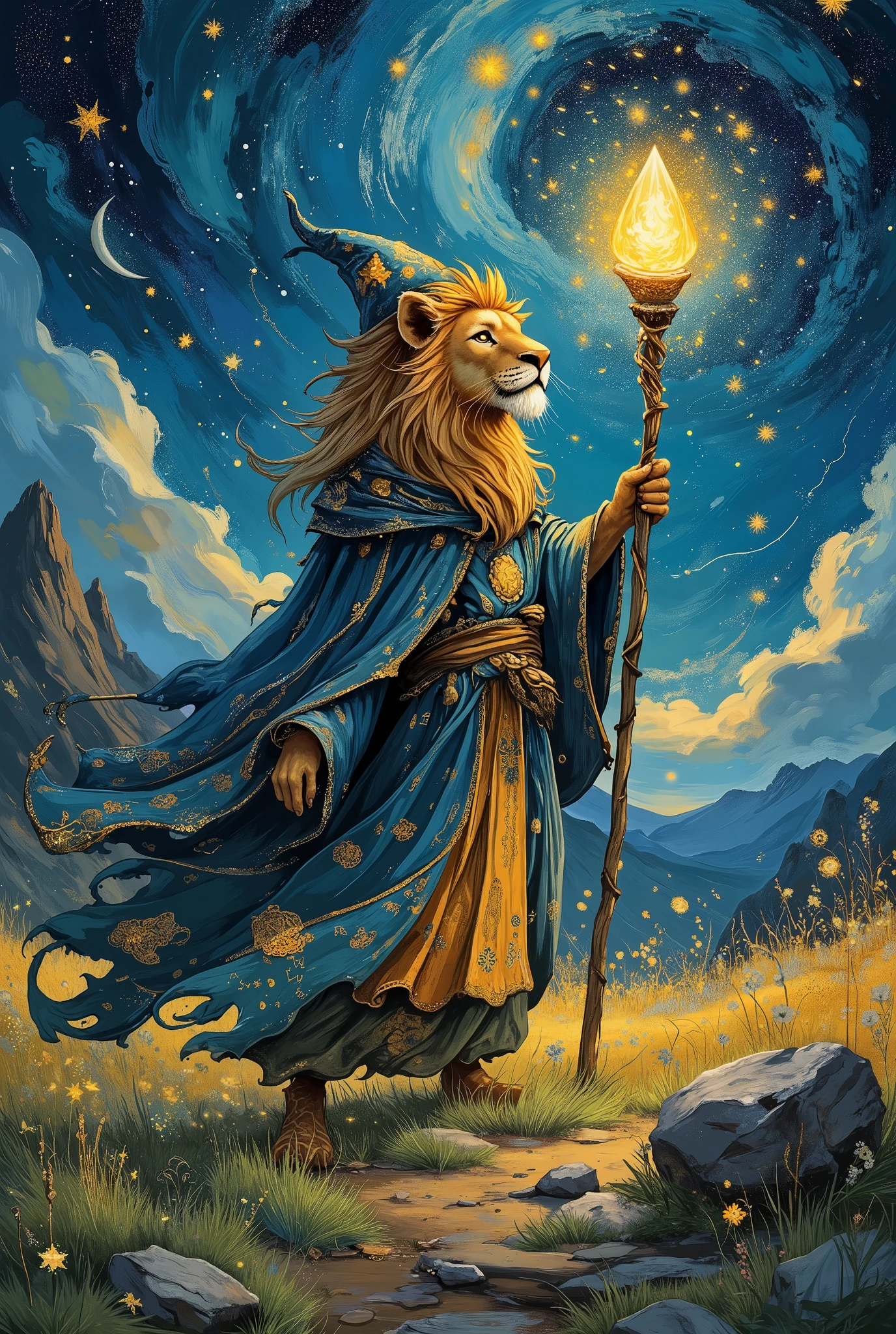 A whimsical oil painting of a lion-headed wizard standing in a moonlit ...