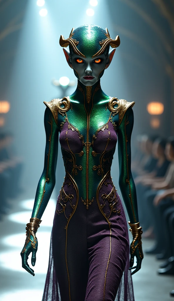 In a mesmerizing display of extraterrestrial fashion, a luminous being adorned in iridescent robes commands attention. The subject of this oil painting is a captivating alien figure, its ethereal presence captured on canvas. Brilliant hues of electric blues and shimmering greens dance across the garment, radiating otherworldly elegance. The intricate details of the outfit showcase a masterful brushstroke technique, revealing the artist's meticulous craftsmanship. Through the subtle interplay of light and shadow, the image comes alive, inviting viewers to marvel at the artist's skill and the beauty of this alien-inspired fashion. Sexy busty