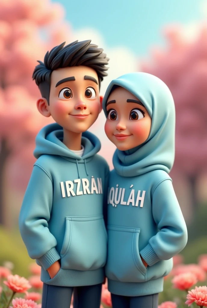 realistic photo,handsome man and beautiful woman are 20 years old wearing white clothes, hijab with WhatsApp logo and ONCO official written on it.wearing green pants green Jordan shoes. WhatsApp background berdiri di atas Box ACHYR persegi panjang berlogo ACHYR. WhatsApp background. 3d realistic.