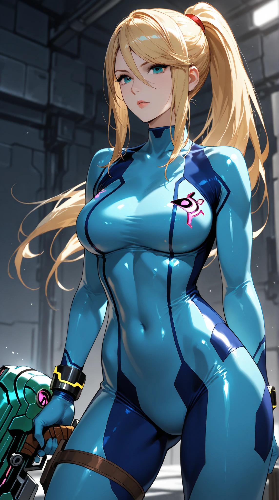absurdres, best quality, 1girl, solo, eye focus, looking at viewer, <lora:samus-nvwls-v1:0.9>, samus aran, ponytail, hair tie, blue gloves, blue bodysuit