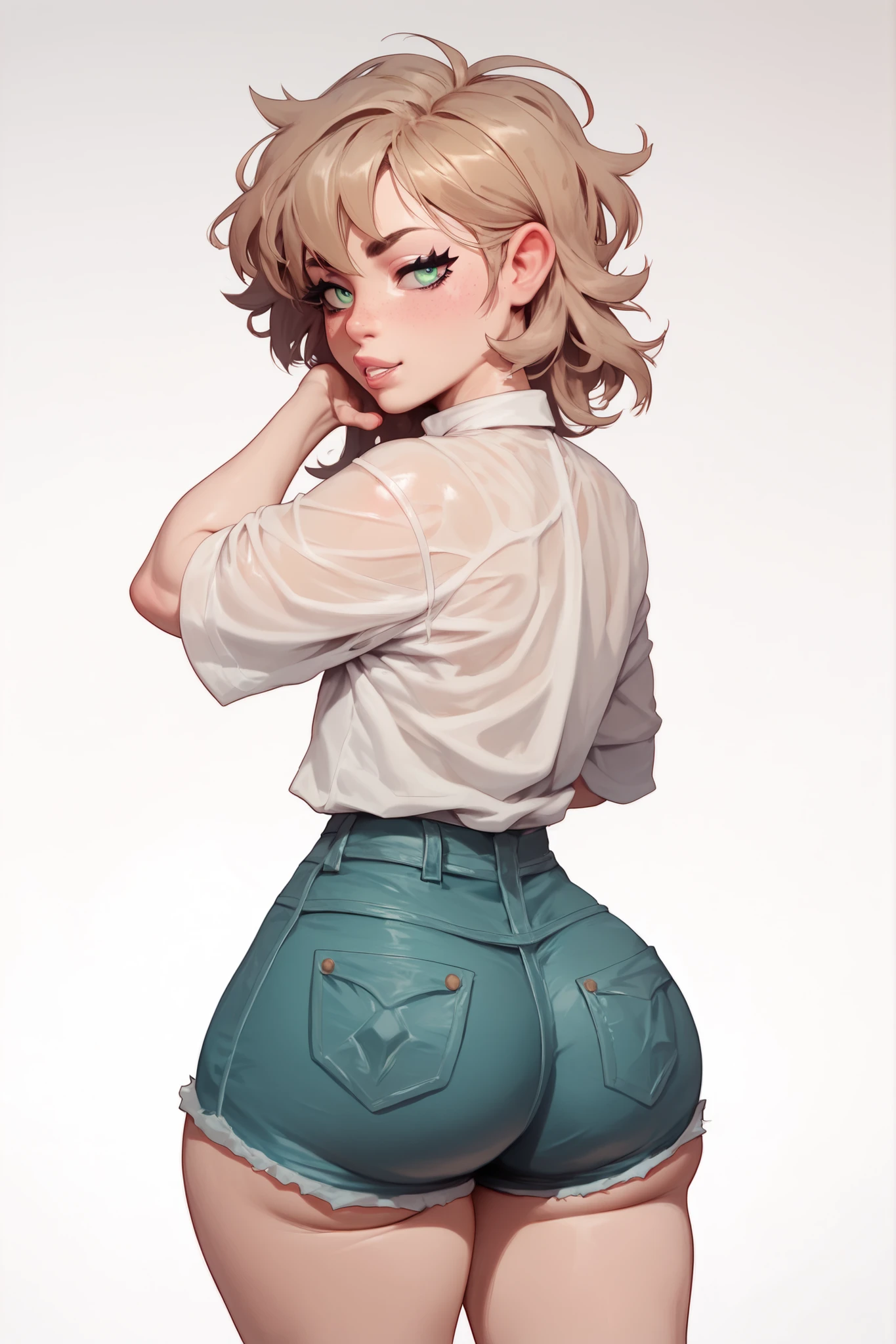 Femboy version of Ashley , big hips whistling suit , big ass , linda femboy , long light brown hair, light green eyes , sexy clothes,Get out, clear photo, variety of clothes, the debt, poses de Get out.