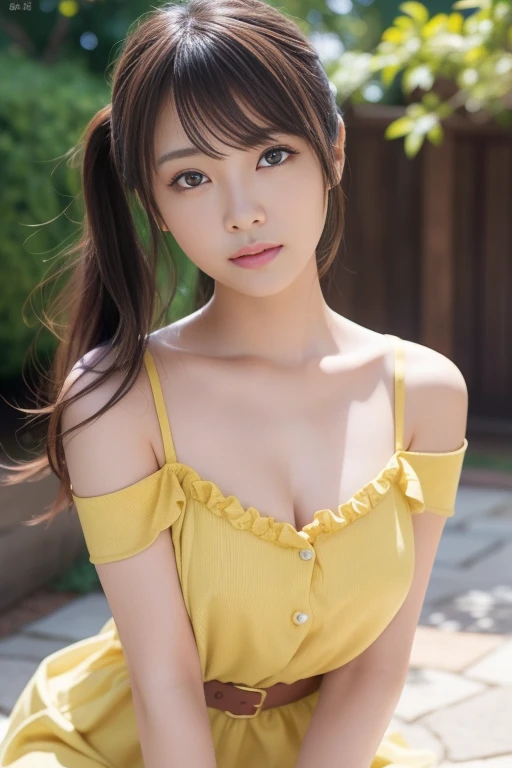 highest quality, figure, super detailed, finely, High resolution, 8k wallpaper, 完璧なダイナミックな構figure, beautiful skin, Big eyes that shine like jewels, (1 beautiful girl at 20 years old:1.6), natural color lip, random sexy poses, Chest middle, smile, Highly detailed face and skin texture, Detailed eyes, Double eyelid,leaking teeth and laughing, close-up, overhead shot, Brown hair long hair, (bright yellow dress shirt:1.2), seaside
