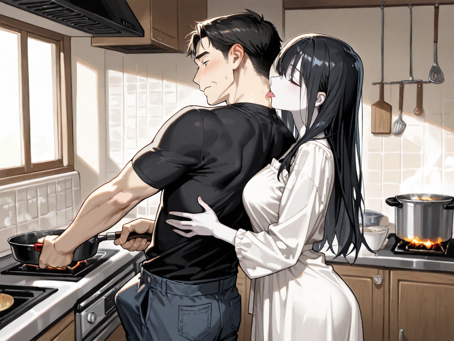 (masutepiece, Digital Art, Digital Illustration, 4K, 8K, Ultra-detailed, beautiful image, Sharp Image, Photorealistic, Raw photo, Perfect face, Perfect lines, Perfect eyes, Soft lighting) 1 woman, (Long Black Hair,straight haired,Bullish gaze,Beautie,Woman in suit、Solid makeup,23 y-o woman,small ????:1.3),Secretary, Two handsome men in suits, (ember,Men in suits,well-muscled,Firm shoulder width,Adult male,Boyish hairstyle,English gentlemanly style,Man in his 30s with a cool expression,28-year-old man with bright smile:1.2),light-filled kitchen、Kitchen Counter、water work、the kiss、kiss、a couple、couple kissing、Romance、ssex、have ???、Wet pubic area、insert 、????、Overflowing、Full body painting,(One Girl And One Man,??????????:1.5),(ember,Adult male,Rubbing the girl's ?????:1.2),Cheek dyeing、gasping face、embarrassed、boredom、begging、Unhappy、Greedy expression,Wet pubic area、 xen、Open your ?????? wide、Cowgirl、Fluttering ?????、Wet shirt、Sheer black lace ?????????、