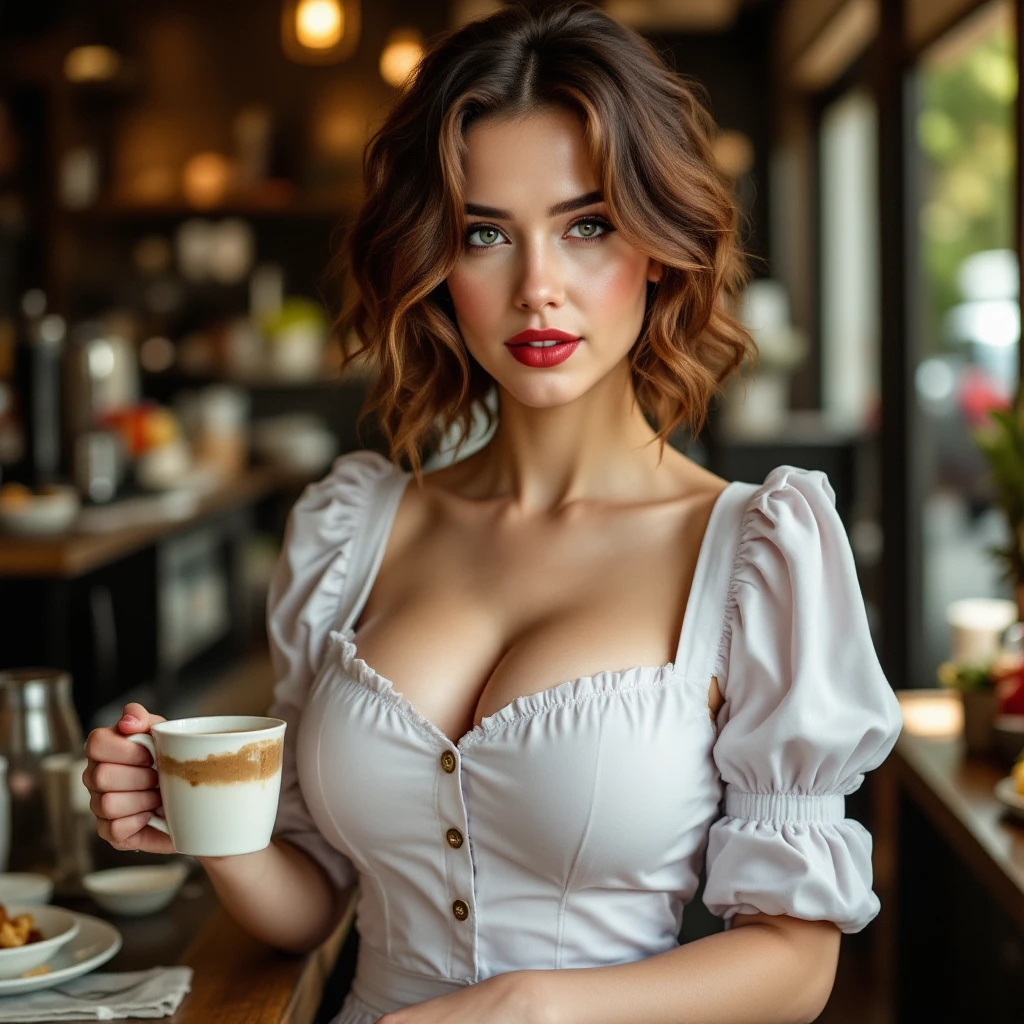 1950 Beautiful Parisian, elegantly dressed in a busy Parisian café, light blue blouse, busty, Decollete, Sipping coffee, Hyperdetailed, sensual smile, sexy, Bedroom Eyes, ultra sharp, long chestnut brown hair, Bob haircut 8k, (insanely detailed:1.5), Full body photo, 20 megapixel, Canon EOS R3, detailed skin, pale skin large breasts fall out 