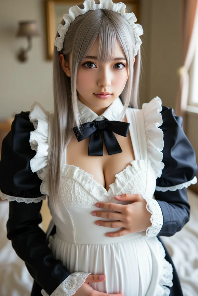 masutepiece, Best Quality, hight resolution, absurderes, 8K, 4K, Official art,, , (Flat_Color:0.9),, , 1girl in, Large_breasts, Maid Uniform, Grey Hair, , ,