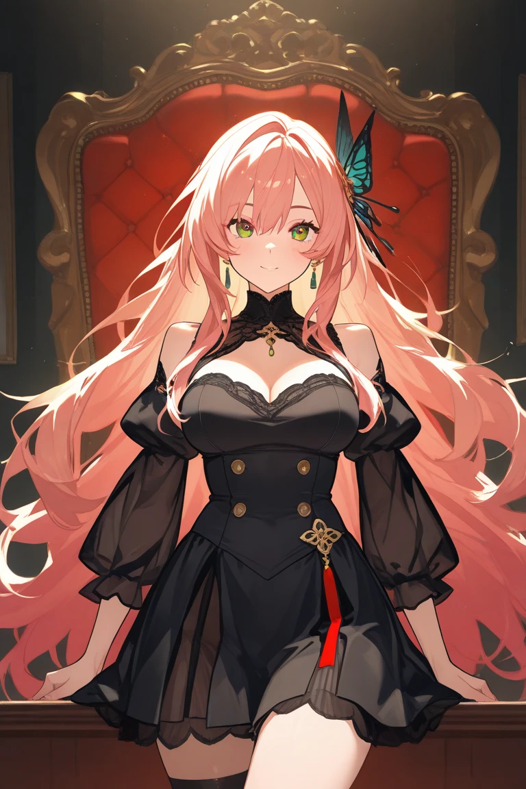Woman in aristocratic noble dress, Long flowing black emo hair , Red eye , wearing gold earrings, sitting pose in a luxurious chair, luxurious room background,Closed clothing