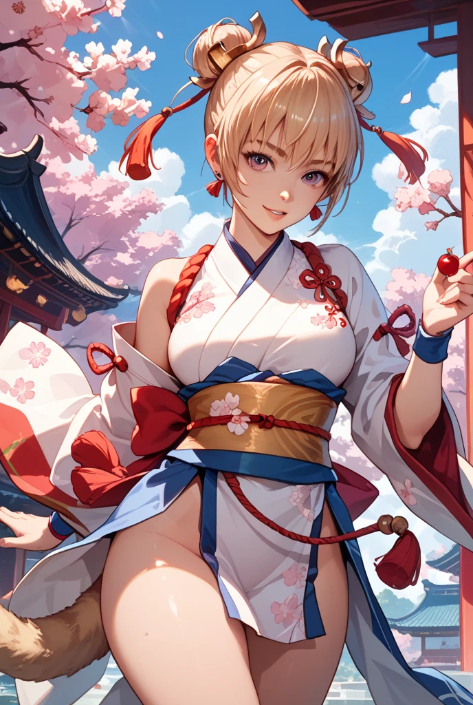 ninjartist、Kunoichi、fishnet tights、scarf、A Japanese style、Futomo、Leotard、Short length、tits out、cleavage of the breast、Blue suit、Pink decoration、Cherry blossom pattern、No shoulder、no sleeves、arm guards、Longhaire、Ribbon on the head、oriental,a blond、 detaileds, 1 rapariga, Beautiful fece, in 8K, The artwork, walls、 upscaled、(is standing),Fractal Art、 up skirt, cammel toe, string, pantyshot, detailedsな背景、jpn、jpnの城