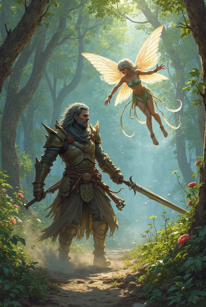 Fairy male blonde man with gold and purple details, large wings, flying in the air, vegetation blurred background, soft colors, soft light, sunset light, smooth light, symmetrical, full body, cinematic movie --auto