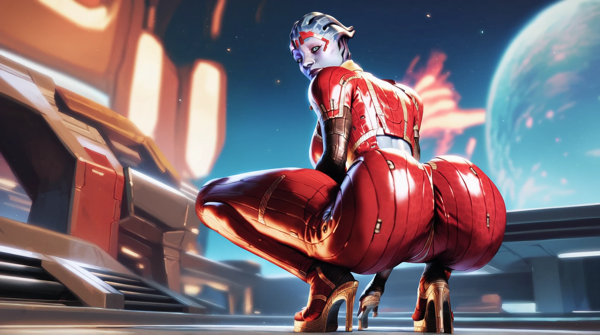 score_9, score_8_up, score_7_up,score_9, score_8_up, score_7_up,1girl, alien, blue skin, light-blue eyes, red suit, golden collar, red tiara, without ears, samara1, , 1girl, alien, light-blue eyes, red suit, golden collar, red tiara, without ears, samara1, without eyebrows,huge massive ass, thong, looking at viewer, squatting, back view,platform heels