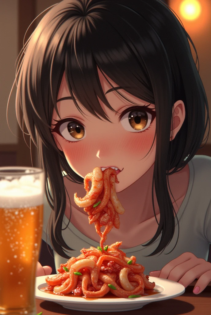 Chili pepper、spices、woman、smile、eating、Spices is in the middle of the image、very skinny female、cute、Korean、Asian Girl、beautiful girl、Lifting the spices、It's like lining up faces next to a plate of spices.