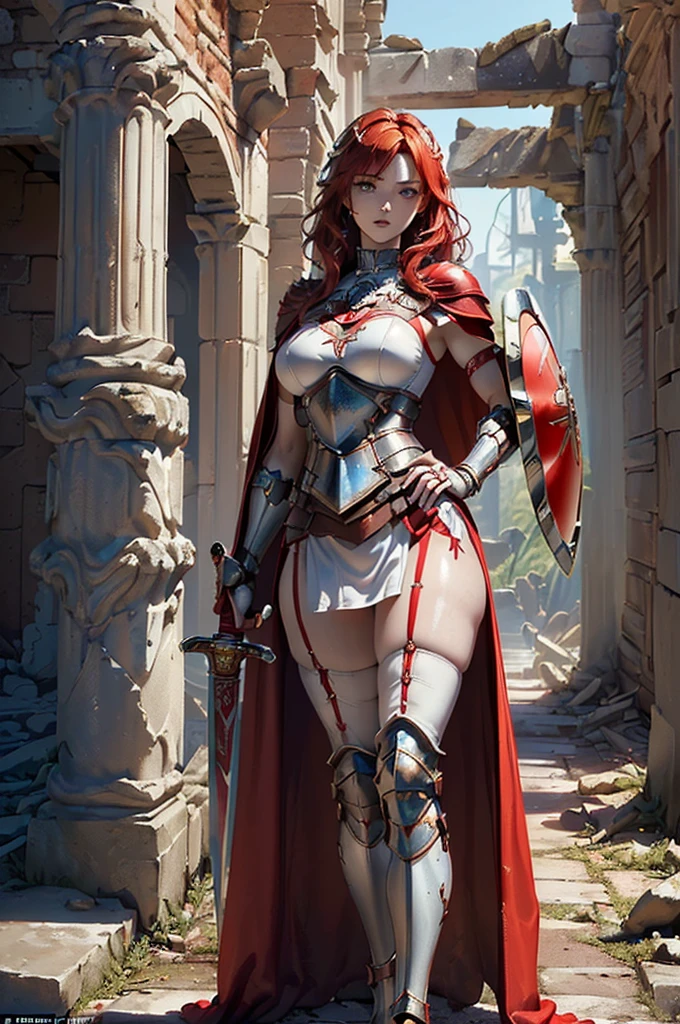 Jennifer Garner, Electra, anime style, super realistic, large breasts, red shear clothing, sultry stare, sexy, 4k resolution, cameltoe, camel toe, holding weapon, red hair, outfit is thin and barely covering , holding weapon up