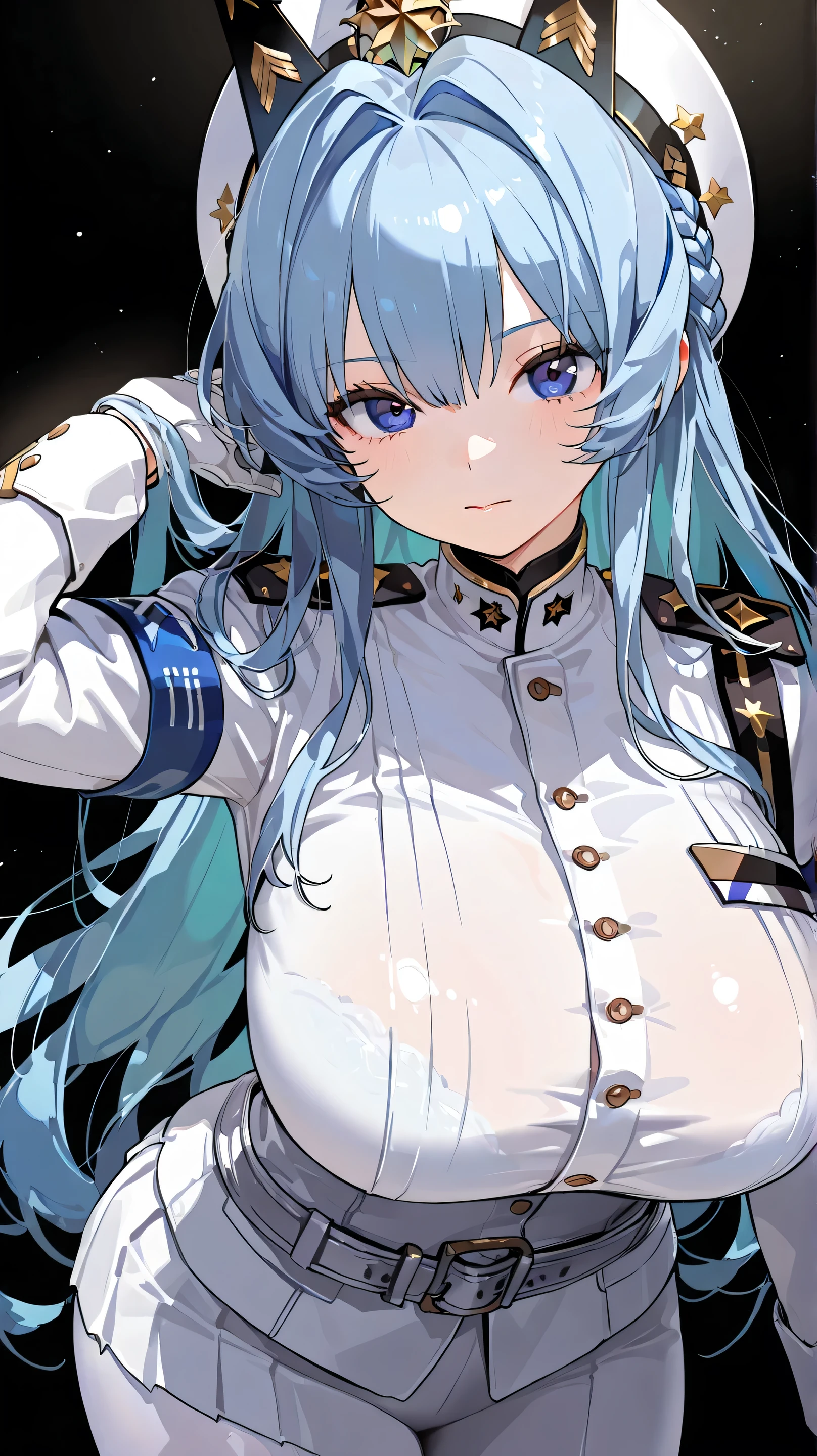 masterpiece, best quality, high resolution, very detailed 8k, very detailed, 1 girl, solo, Helm, Nikke, translucent white skin, clean skin, beautiful and cute girl, slender, round body, well-endowed huge breasts, waist length hair, smooth hair, dark blue eyes, light blue hair, look at viewer, she is wearing public clothing which is white uniform of battle ship, highlight wrinkles in clothing, black background:1.3, she is standing, focus a girl