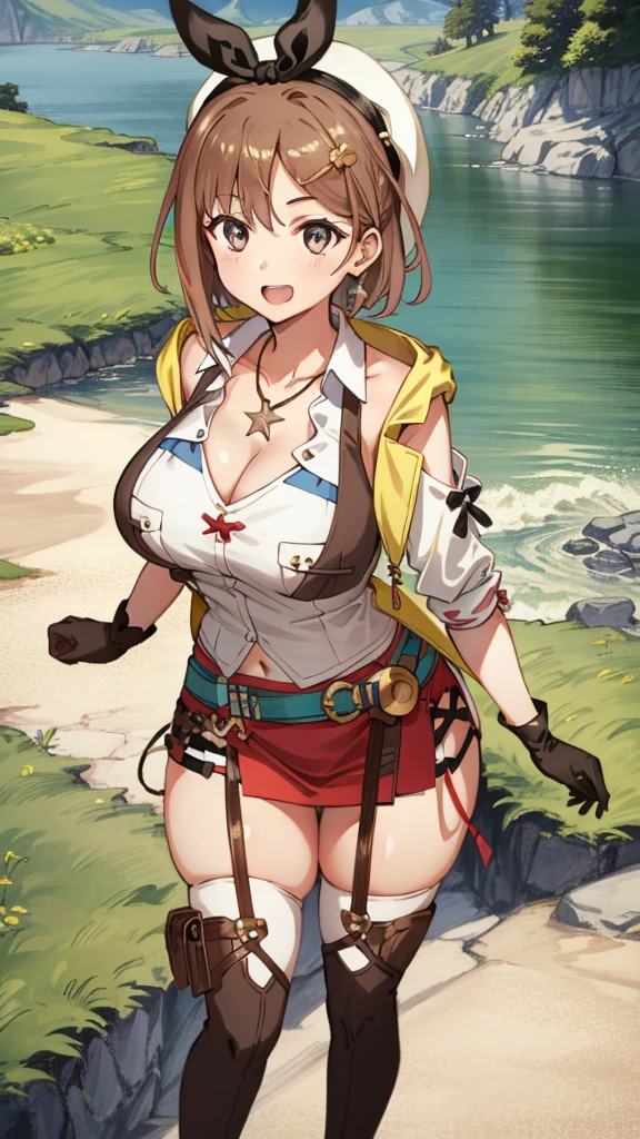 masterpiece, Highest quality, High resolution, Detailed face, Detailed Eyes, Perfect Anatomy, Perfect Fingers, Liza, First Default, One girl, View your viewers, Head Ribbon, jewelry, red shorts, Brown Hair, Knee socks, Bridal Legwear, necklace, Brown eyes, One-handed gloves, hair ornaments, Hair Clip, star necklace, Closed-toe footwear, leather, star (symbol), White Hat, brown handbag, boots, short hair, Thighs, leather ベルト, brown belt, leather 手袋, belly button, thigh boots, white Knee socks, clavicle, Brown footwear, Cleavage, Large Breasts, in the forest, Cowboy Shot, (Huge lower body), (Wide pelvis), (Crotch up from below:1.5)