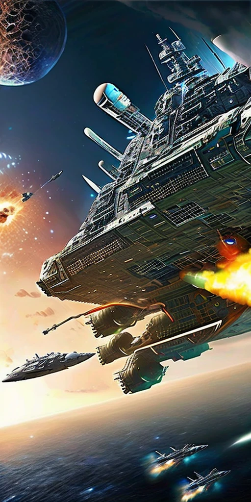 Drawing of a super modern spaceship with a man piloting the spaceship attacking with laser another ship that is exploding on fire, detailed realistic photo, 8 k, flying over the sky with few clouds and with very strong sun disappearing on the horizon, digital drawing 3 d.