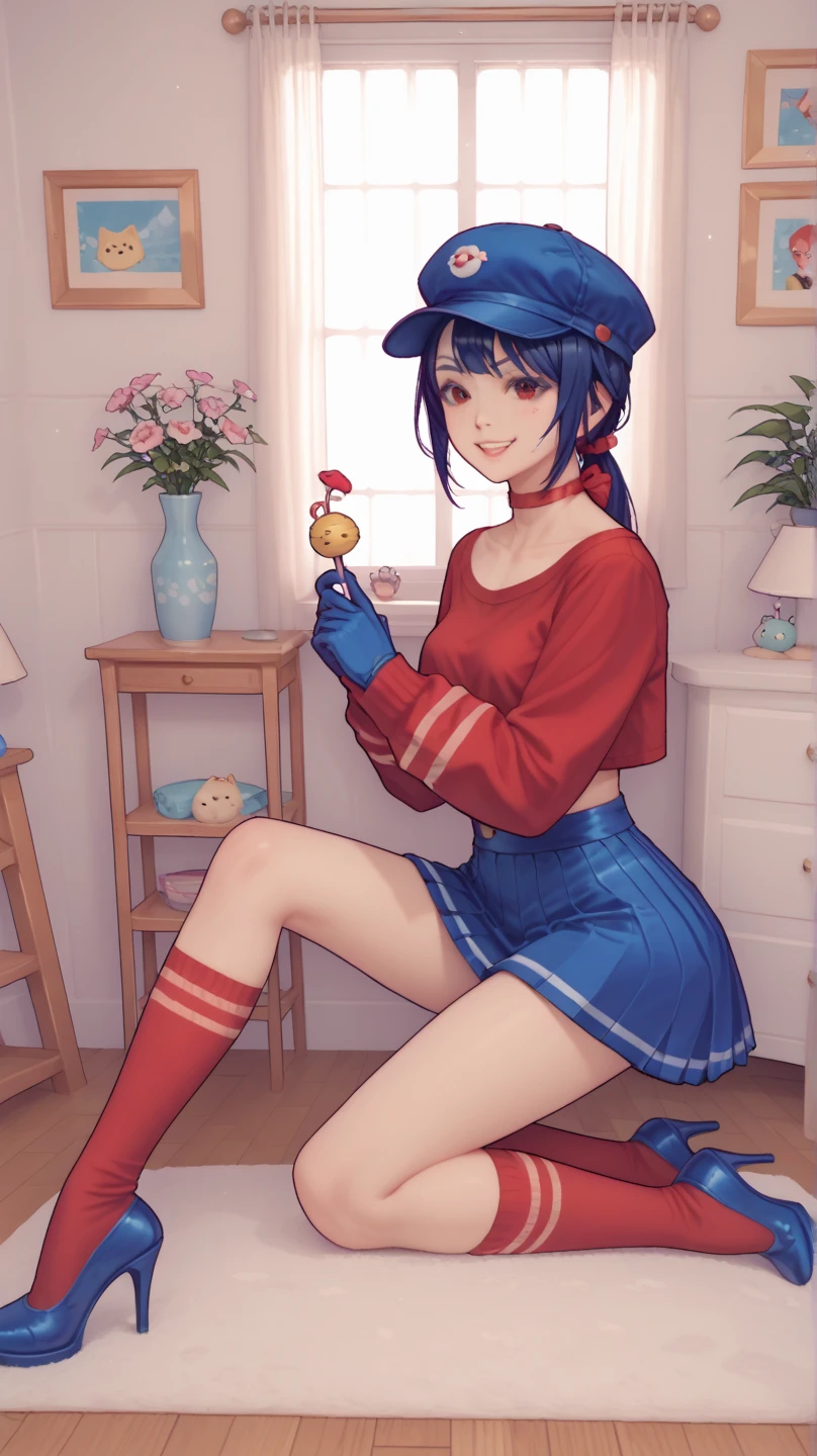 (8k, RAW photo, best quality, masterpiece:1.2), (intricate details), perfect eyes, perfect face, perfect lighting, beautiful, (masterpiece:1.2), (best quality:1.2), 1girl, solo, Marinette, blue hair, (( loosen hair, bangs )), adult torso, 19 years old, smirking, huge sized breasts, (short red pirate dress), pirate hat, corset, cowboy shot, 3DMM, seated, front view 
