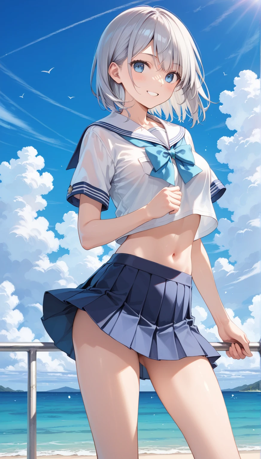 ((((masterpiece, best quality, high resolution)))), (1girl:1.5), ((short silky hair, white hair, purple eyes, sharp eyes)), (big breasts:1.2), (blushing), (cheeky smile, parted lips), glow, thighs, collarbone, narrow waist, (slender body figure), (beautiful detailed face, beautiful detailed eyes), ((sailor fuku, thin material, red ribbon)), ((plated skirt)), (standing up), looking at viewer, classroom, (cowboy shot)