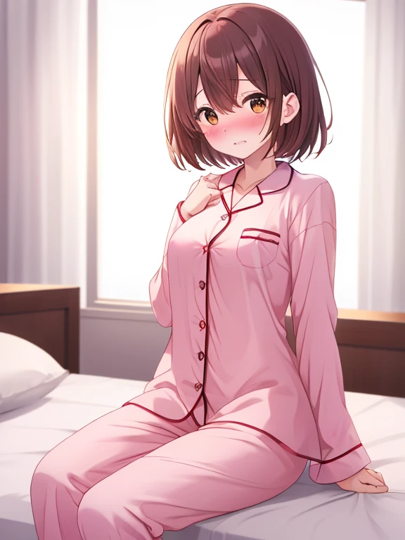Brunette color hair,Short fine hair,With bangs,Yellow Eyes,Adorable,Teenage Girls,White long sleeve pajamas,Pajamas in white pants,Bedroom with warm background,Lie down in bed,Large Breasts