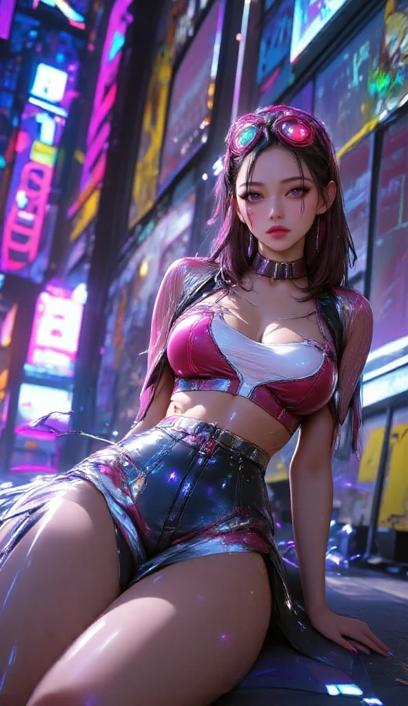 1人,Two-dimensional woman,cyber punk style,Wearing a pink jacket,Blue suspenders,Black briefs,bare-legged,Wears a coffee-colored baseball cap,8K Ultra Clear --auto