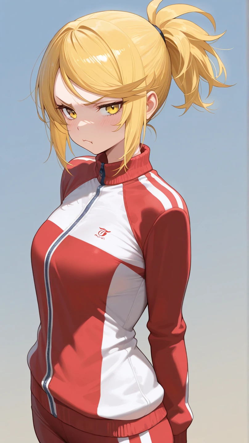 masterpiece, best quality, high quality, 1girl, solo, looking at viewer, upper body, <lora:rachel_kami_no_tou:0.70>, rachel_kami_no_tou, blonde hair, yellow eyes, , track suit