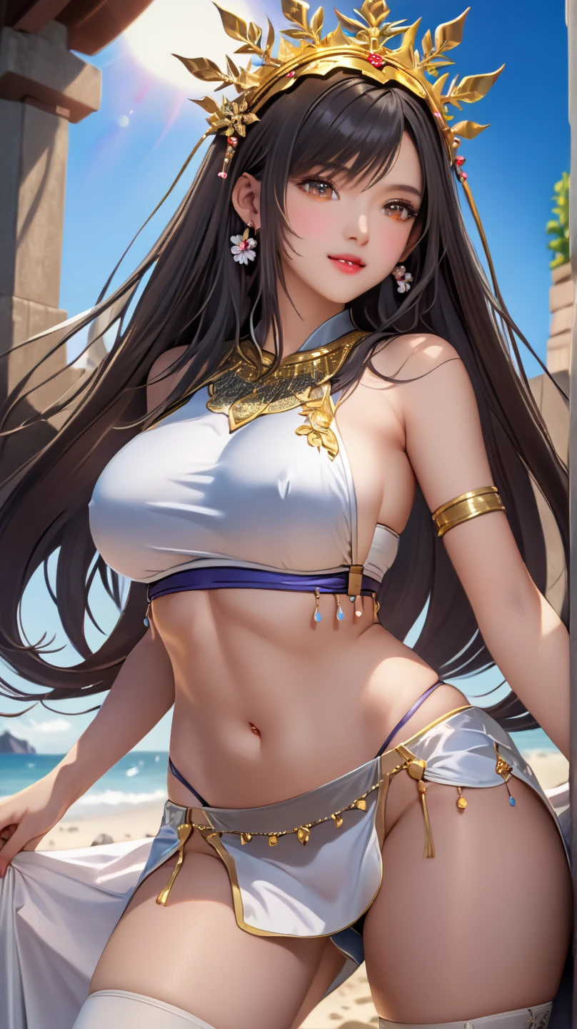 masterpiece, best quality, beautiful art, high resolution, well formed hands, body and fingers, 1 woman, solo, wonder woman, tiara , long blue hair, blue eyes, arabian belly dancer, adult, big breasted, cleavage, hair ribbon, full body, sexy and skimpy outfit , gorgeous legs and thighs , dancing seductively and erotically, turning backwards and forwards, showing her back and front, showing her butt, bikini thong, smiling joyfully, looking at the viewer, flirting, beach environment