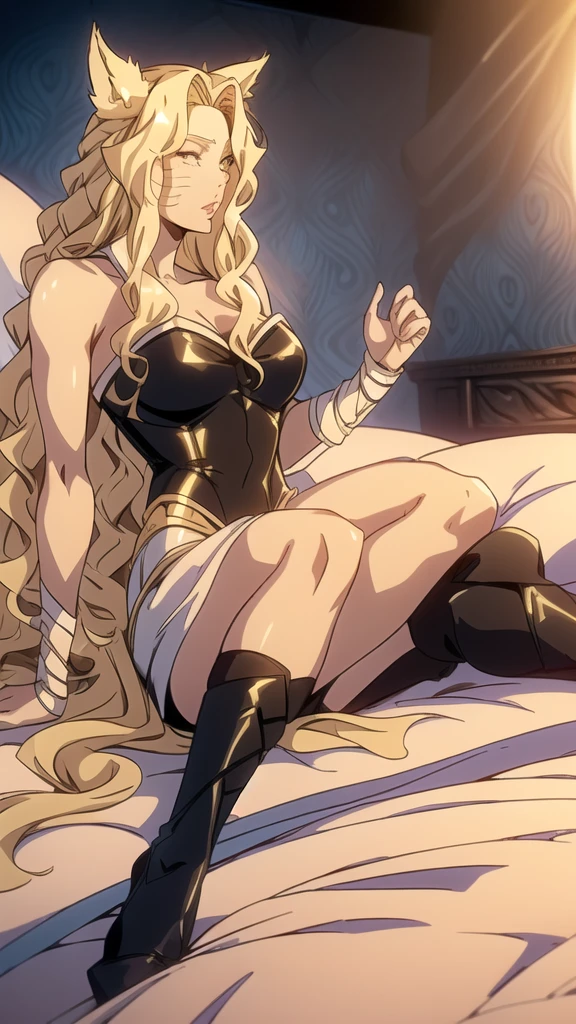 [best quality, shaded, extreme detail, highly detailed, ultra detailed, complex, realistic, perfect anatomy, full view], furry, wolf woman, fluffy fur and hair, colorful fur, fluffy tail, fur glove, fur vest , navel, short skirt, fur pencil skirt, fur tights, fur shoes,detailed face, detailed eyes, detailed hands