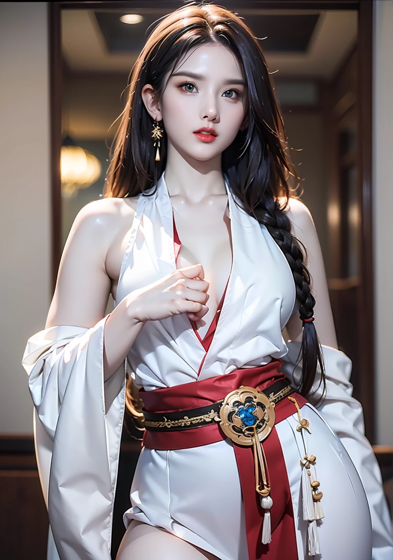 highest quality,masterpiece,8k wallpaper,disorganized, expensiveres, super detailed, (1 young beautiful girl, alone:1.1),Shiranui_May,ponytail, red Clothes,Brown_hair , Brown_eye, expensive_ponytail, chest, big_chest, Japanese_Clothes,No sleeve,rope, Are standing, pelvic curtain,length_hair,break
