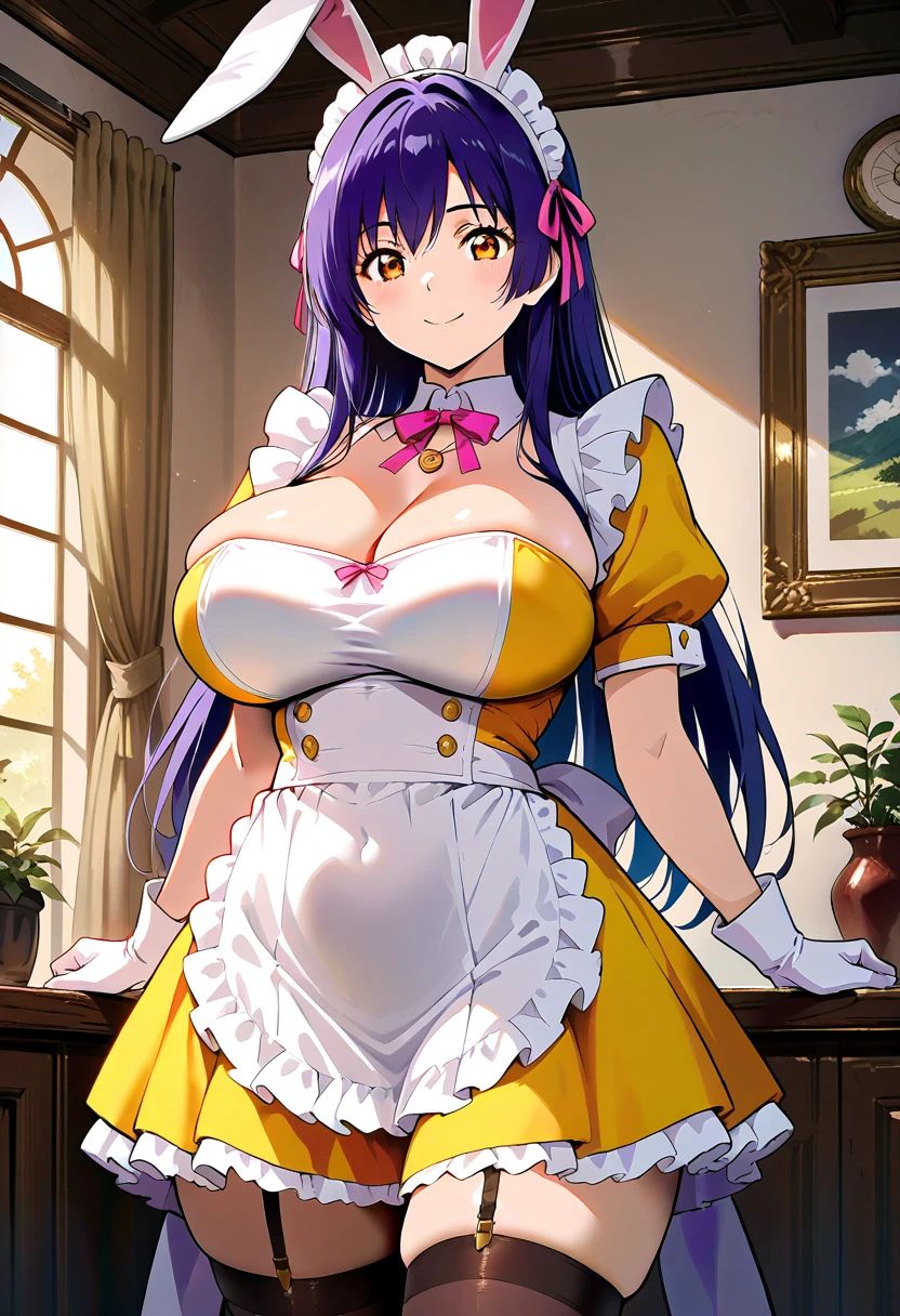 One Girl, Age 35, alone, ((Long dark green hair 1.4)), ((Sweaty 1.5)),((Shiny skin 1.4))，((Thighs))， blonde, Brown eyes, ((Pink mini skirt maid outfit 1.5))，((Knee High Socks 1.4)),whole body, bangs, Realistic,((Small boobs 1.5)), ((Sexy cleavage 1.3)) 4K, Highest quality, Slender beauty, Extremely clear images, 8k, Beautiful pose, Photo session、((Cute maid outfit 1.3))、smile、Straight hair,((Background of the mansion))