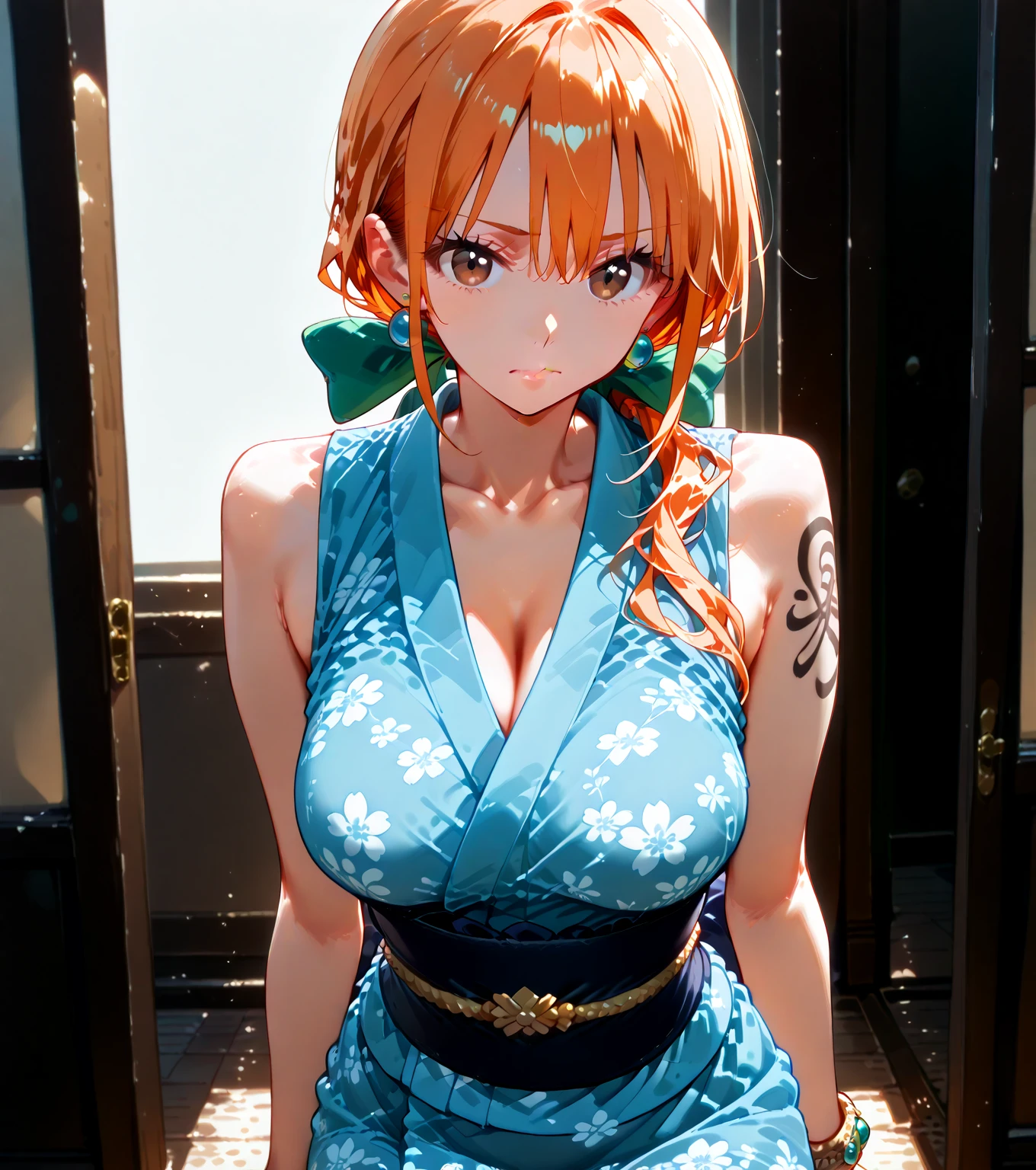 8K quality、quality、On a table、super high image quality、ultra - detailed、Surreal hair texture with colorful women full of energy、long beautiful hair、shinny hair、Delicate hair、blue mesh、pony tails、eBlue eyes、Skin glows、lace underwear big breasts、Diagram of mole on chest、large pecs、The chest  particularly large、Sweaty forehead and cheekigger、Fluffy off-the-shoulder yukata、A smile、soft pink lips、Surreal sensibility、Reddening cheeks、summer festival background