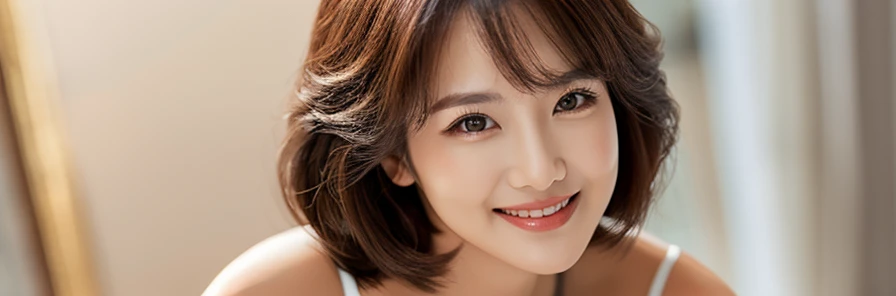 a Close-up portrait of gorgeous smiling cute Japanese woman in a glamorous blue dress outfit, delicate facial features, porcelain-skinned, ponytail, a fusion of young Marion Cotillard's striking eyes and young Anne Hathaway's introspective gaze, long and slender cute face, curved eyebrows, droopy hooded eyes, lower nasal bridge, wavy nose, smiling, thin lips, short pixie cut hair, silhouette, bokeh, lobby bar lounge background,