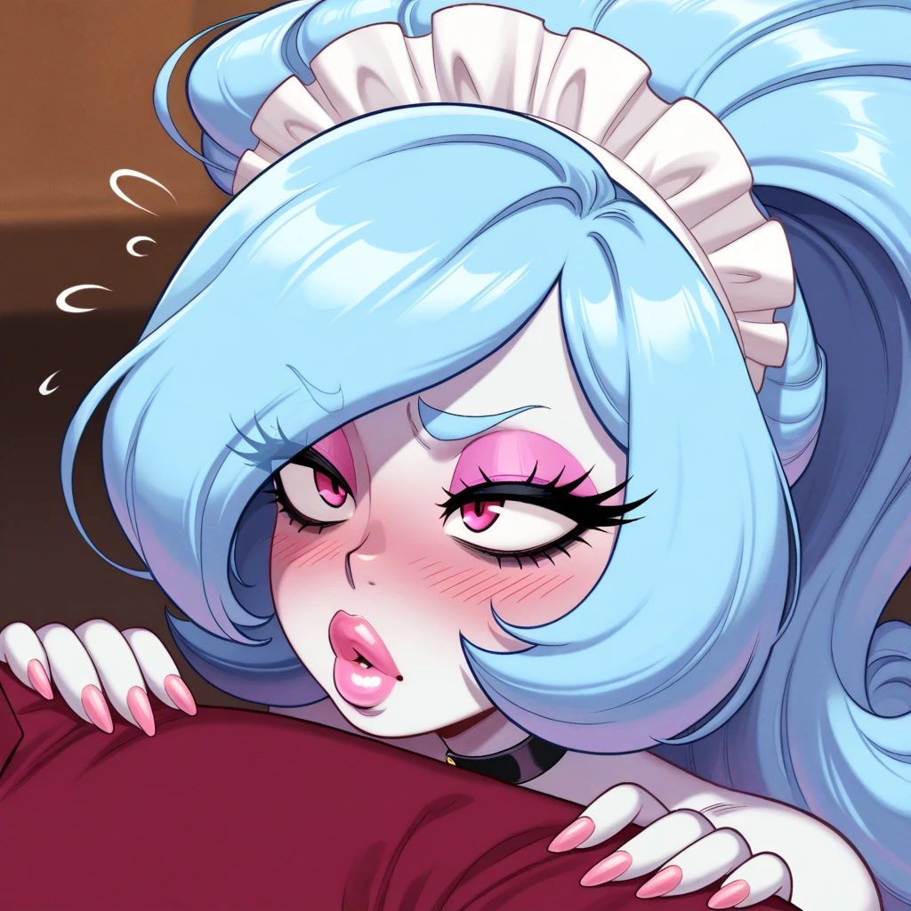 Ralph Bakshi Style, Chubby blue eyed girl with long wavy black hair and small breasts, smug, (tiny_penis):4.0, fellatio, cumshot, nudity, (extreme nsfw), lewd, floating hearts, bedroom, heart pupils