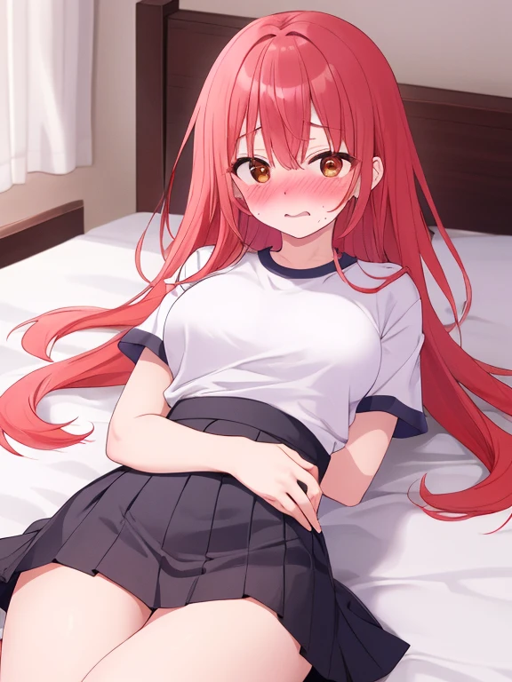 1girl, red hair, long hair, blush, blue eyes, white tank top, no panties, covering crotch, red pubic hair, shy, on bed, skinny, flat chest, embarassed, open mouth, angry