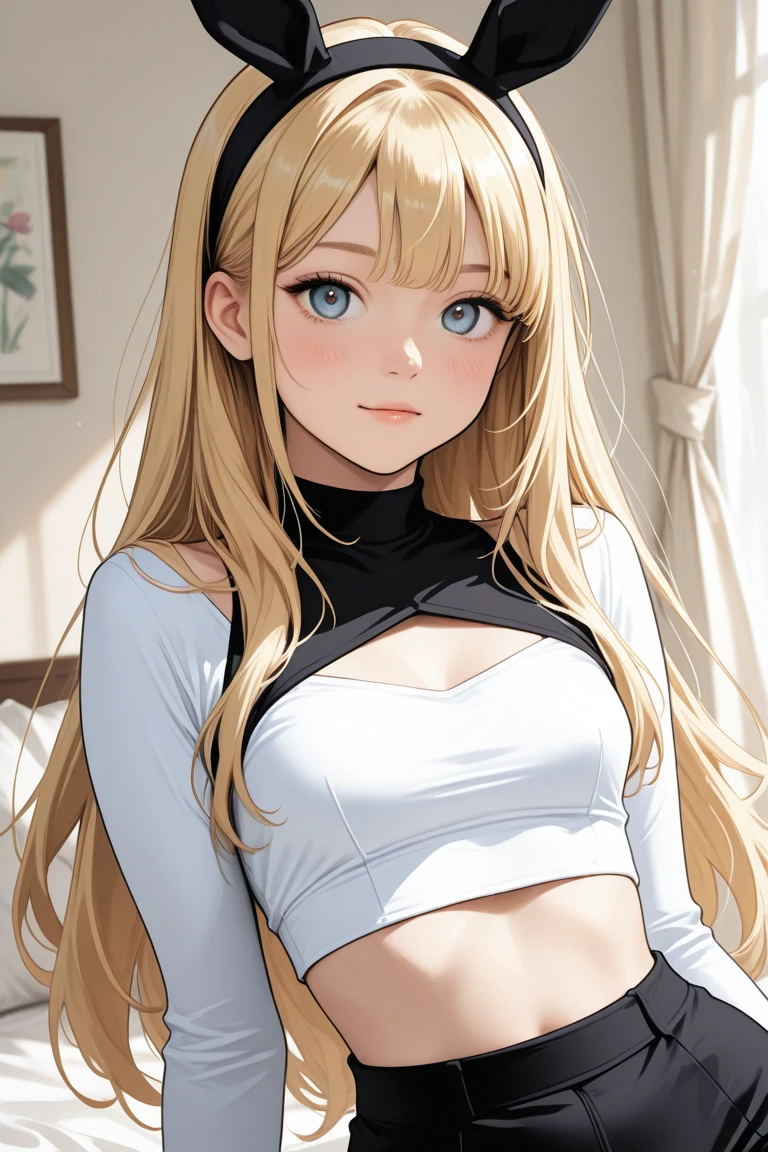 A girl with the following characteristics: blonde, wavy hair; blue eyes; a charming face; and a mature body with physical characteristics similar to Sydney Sweeney. She should be wearing tight-fitting clothing with ripped details, black color. The background should be neutral, preferably white, to highlight the main figure. Ensure the highest quality possible, resulting in a stunning piece of art.
