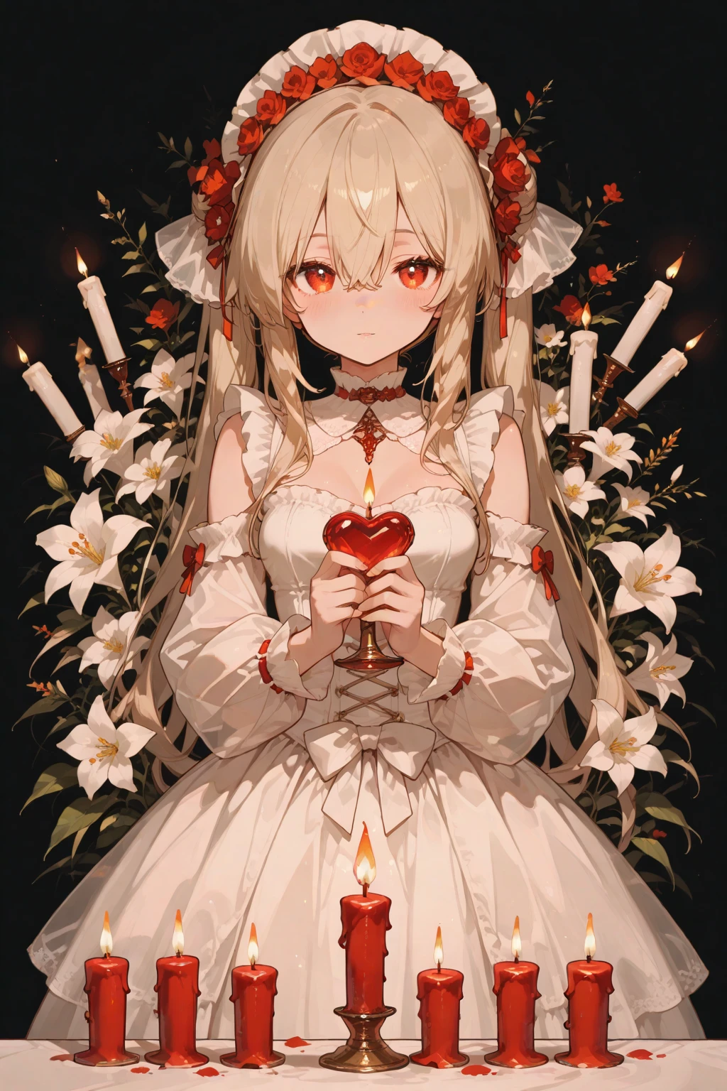A pale-skinned white-haired girl with gray tones wearing a crown of thorns, from which small drops of blood fall, running across her forehead. Her eyes are completely dark, with an empty expression and a weak smile on her face. She wears a short white dress that reaches her knees. Several silver roses adorn her body, while sharp-thorned roots resemble necklaces, wrapping around her hands and waist. The setting is a ruined church, with cracked walls and broken windows, where light timidly enters. Next to her is an altar holding a cross adorned with several roses. The atmosphere has a melancholic and mysterious air, highlighting the loneliness and the contrast between the girl's beauty and pain.