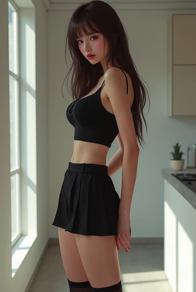 Cute 18-year-old girl, god, Short Girl, A slim body, Small boobs, Small breast, Small booty show, ultra mini skirt, detailed face, beautiful eyes, long eyelashes, cute expression, Minimalist interior, dark-toned interior, photorealistic, 4K, high quality, hairstyle two ponytails, ultra mini skirt, sitting on the chair, spread legs, front view, full body