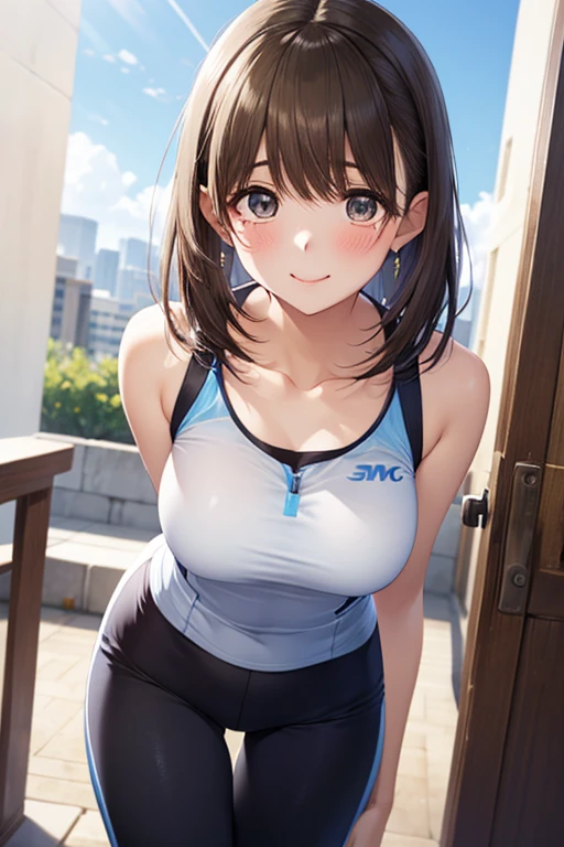realistic, realistic_background, masterpiece, bestquality, a brown_eyes_younggirl who appears to be in a running_wear, poses for a picture, 1girl, solo, armpits, light_pink shirt, looking at viewer, shirt